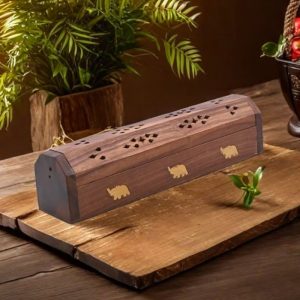 Hand Carved Elephant Dual-Use Cone and Stick Wooden Conical Coffin Style Incense Burner Holder
