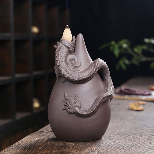 Antique Handmade Purple Clay Cascading Dragon Backflow Incense Fountain Burner