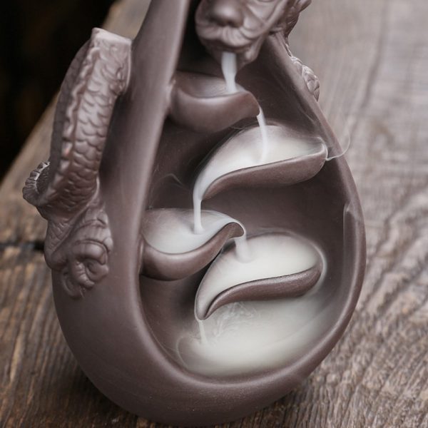 Antique Handmade Purple Clay Cascading Dragon Backflow Incense Fountain Burner