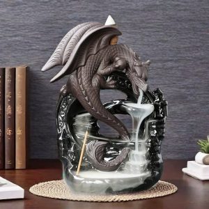 Black Glaze Ceramic Dragon Cascading Backflow Waterfall Incense Fountain Burner Holder