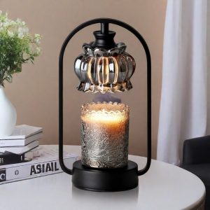 Black Iron Glass Vintage Flower Dimmable Electric Candle Warmer Lantern with Timer