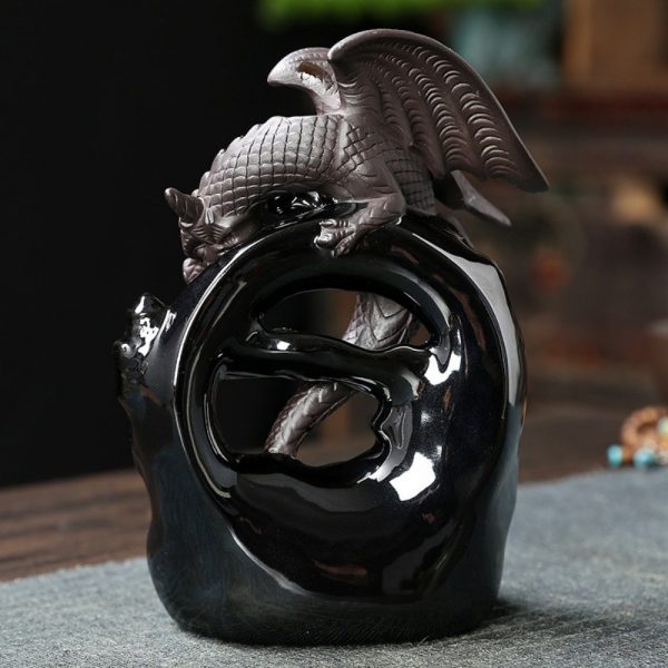 Black Glaze Ceramic Dragon Cascading Backflow Waterfall Incense Fountain Burner Holder