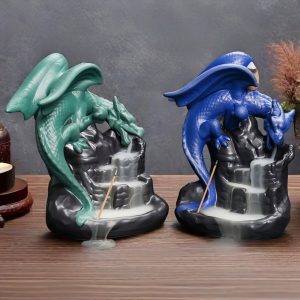 Blue and Green Ceramic Dragon Cascading Waterfall Fountain Incense Backflow Holders