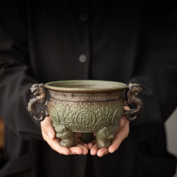 Chinese Antique Ceramic Incense Burner Bowl Censer with Dragon Handle