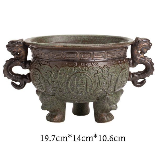 Chinese Antique Ceramic Incense Burner Bowl Censer with Dragon Handle