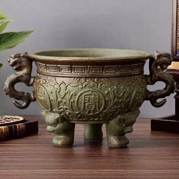 Chinese Antique Ceramic Incense Burner Bowl Censer with Dragon Handle