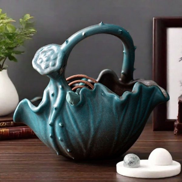 Chinese Portable Brown and Blue Lotus Leaf Ceramic Coil Incense Burners