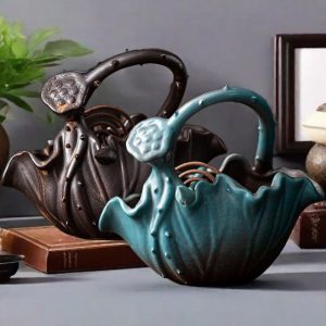 Chinese Portable Brown and Blue Lotus Leaf Ceramic Coil Incense Burners