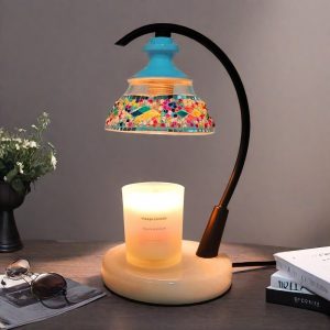 Creative Mosaic Glass Wood Dimmable Table Light Electric Candle Warmer Lamp with Preset Timer