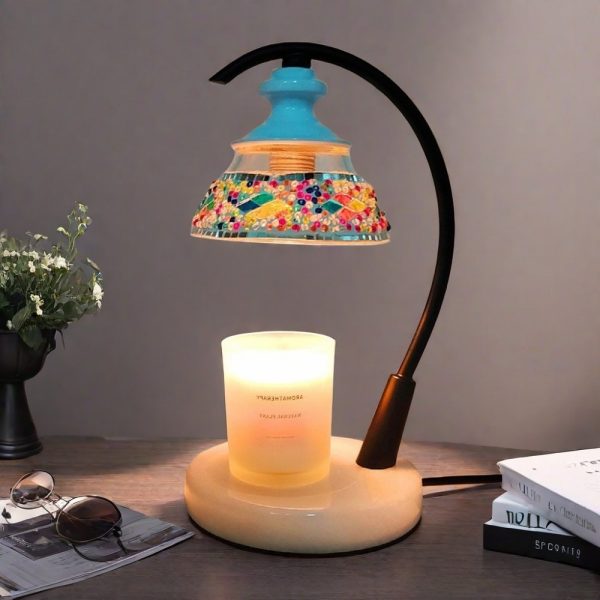 Creative Mosaic Glass Wood Dimmable Table Light Electric Candle Warmer Lamp with Preset Timer