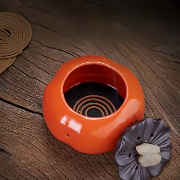 Cute Persimmon Shaped Ceramic Chinese Smoking Incense Burner Bowl with Lid