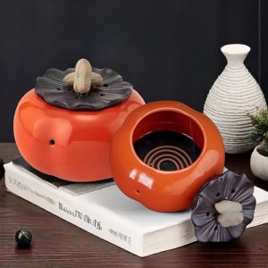 Cute Persimmon Shaped Ceramic Chinese Smoking Incense Burner Bowl with Lid
