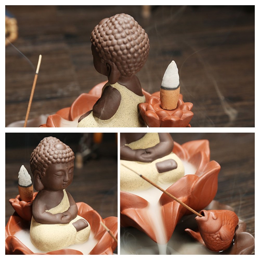 Handmade Zen Buddha with Lotus Purple Clay Waterfall Incense Holder Handmade Zen Buddha with Lotus Purple Clay Waterfall Incense Holder