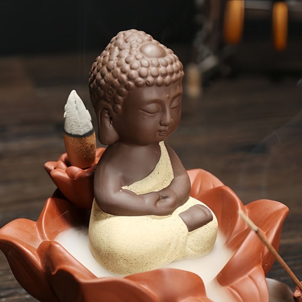Handmade Zen Buddha with Lotus Purple Clay Waterfall Incense Holder Handmade Zen Buddha with Lotus Purple Clay Waterfall Incense Holder
