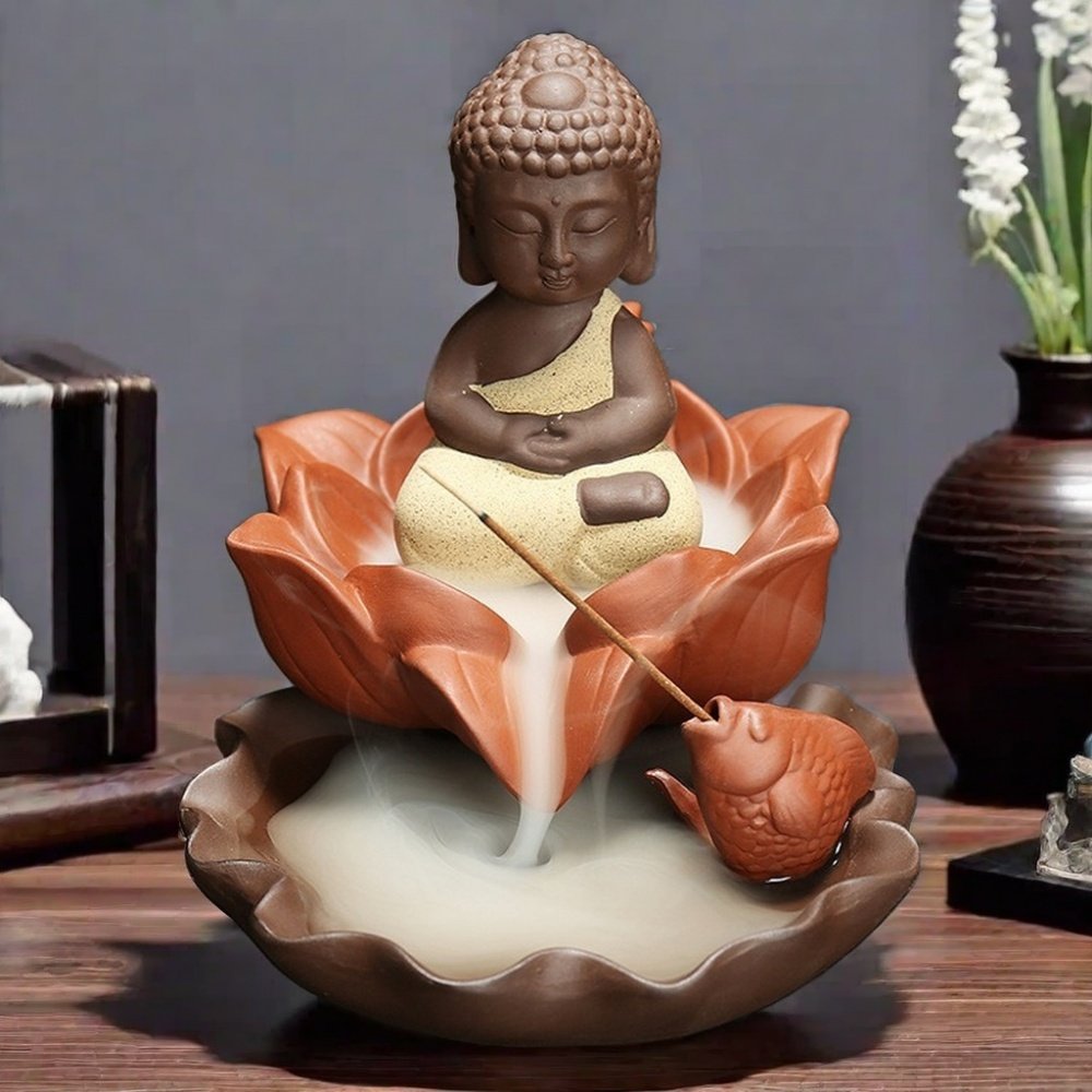 Handmade Zen Buddha with Lotus Purple Clay Waterfall Incense Holder Handmade Zen Buddha with Lotus Purple Clay Waterfall Incense Holder