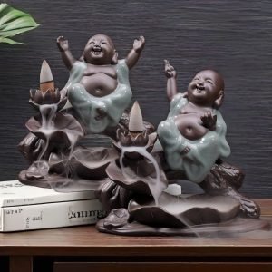 Japanese Laughing Buddha with Lotus Ceramic Cascading Back Flow Incense Holders