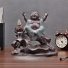 Japanese Laughing Buddha with Lotus Ceramic Cascading Back Flow Incense Holders