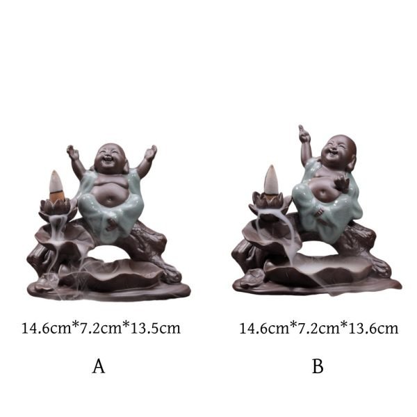 Japanese Laughing Buddha with Lotus Ceramic Cascading Back Flow Incense Holders