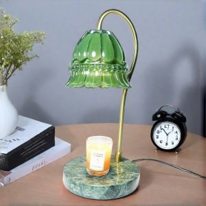 Modern Green Flower Iron Glass Marble Electric Dimmable Candle Warming Lamp with Timer