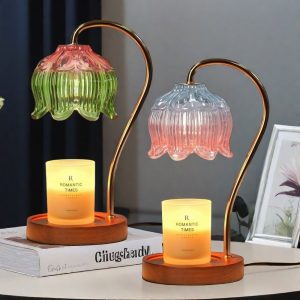 Pink Gradient Color Stained Glass and Metal Electric Timing Candle Warmer Heat Lamps for Scented Wax