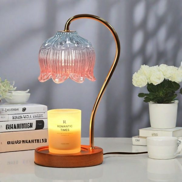 Pink Gradient Color Stained Glass and Metal Electric Timing Candle Warmer Heat Lamps for Scented Wax