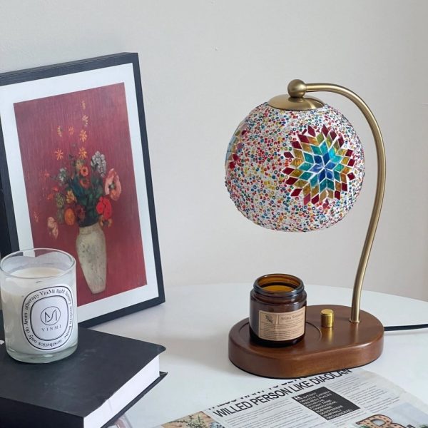 Vintage Electric Metal and Glass mosaic Dimming Lighted Aurora Candle Warmer Lamp with Bulb and Timer