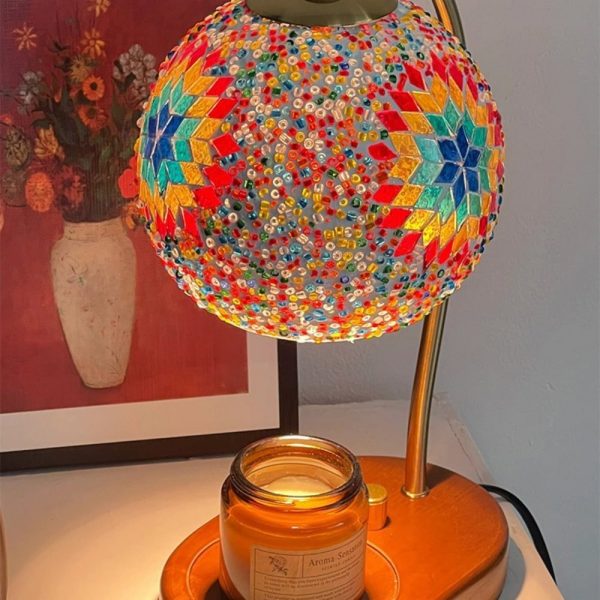 Vintage Electric Metal and Glass mosaic Dimming Lighted Aurora Candle Warmer Lamp with Bulb and Timer