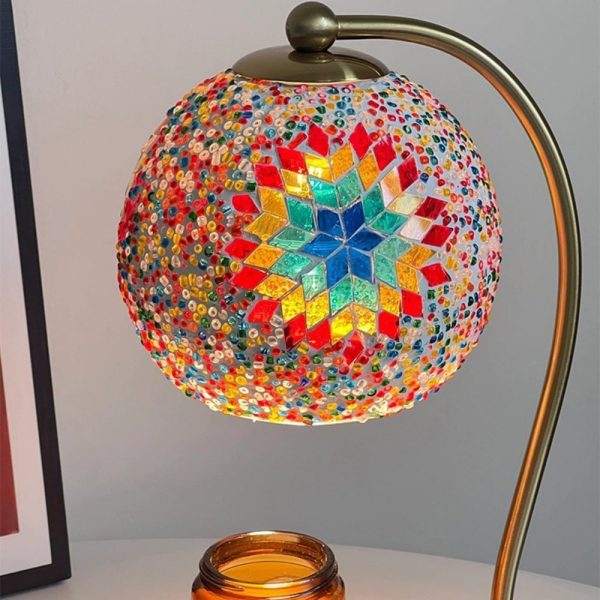 Vintage Electric Metal and Glass mosaic Dimming Lighted Aurora Candle Warmer Lamp with Bulb and Timer