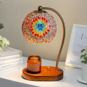 Vintage Electric Metal and Glass mosaic Dimming Lighted Aurora Candle Warmer Lamp with Bulb and Timer