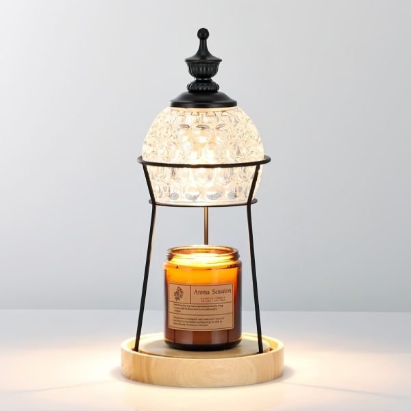 Vintage Glass Dimmable Electric Lantern Candle Warmer with Preset Timer and Wooden Base