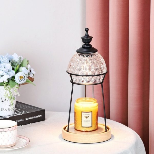 Vintage Glass Dimmable Electric Lantern Candle Warmer with Preset Timer and Wooden Base