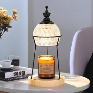 Vintage Glass Dimmable Electric Lantern Candle Warmer with Preset Timer and Wooden Base