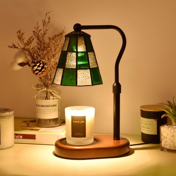 Vintage Green Glass Iron Wood Electric Dimmable Candle Melting Wax Table Lamp for Living Room