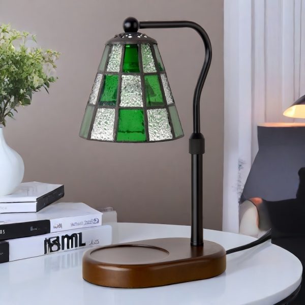 Vintage Green Glass Iron Wood Electric Dimmable Candle Melting Wax Table Lamp for Living Room