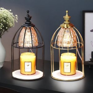 Vintage Metal Glass Electric Birdcage shaped Dimmable Candle Wax Melting Lanterns with Timer