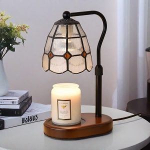Vintage Metal Glass Wood Electric Candle Lamp Warmer with Timer and Light Bulb