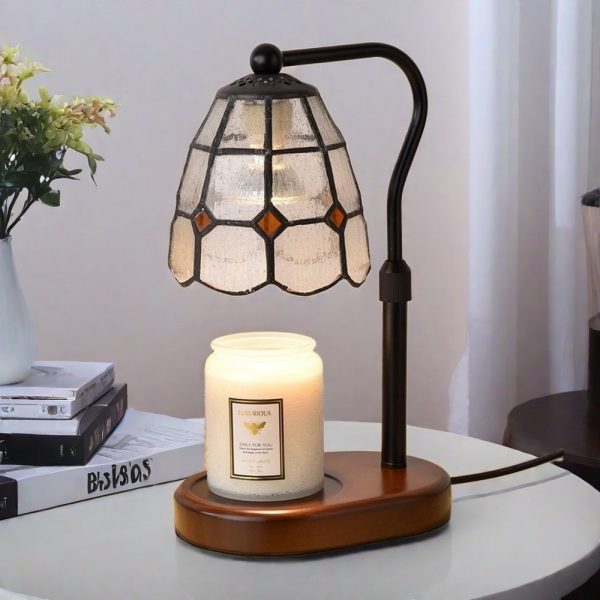 Vintage Metal Glass Wood Electric Candle Lamp Warmer with Timer and Light Bulb