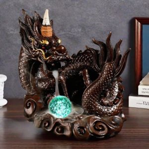 Vintage Resin Dragon Backflow Incense Cone Burner Waterfall with LED Lighting