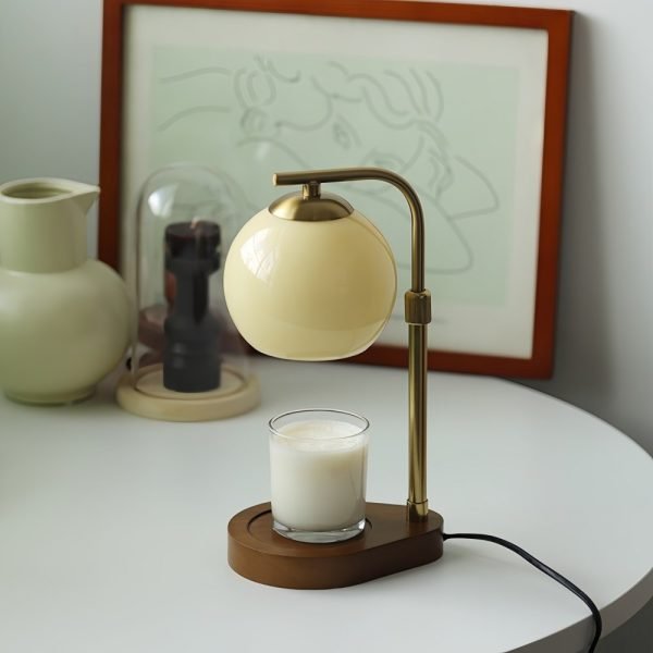 Vintage Retractable Electric Table Candle Heat Lamp with Wooden Base and Timer