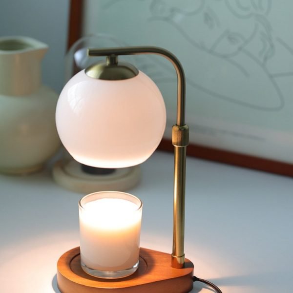 Vintage Retractable Electric Table Candle Heat Lamp with Wooden Base and Timer