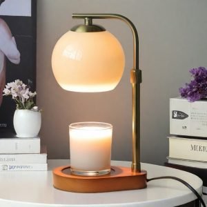 Vintage Retractable Electric Table Candle Heat Lamp with Wooden Base and Timer