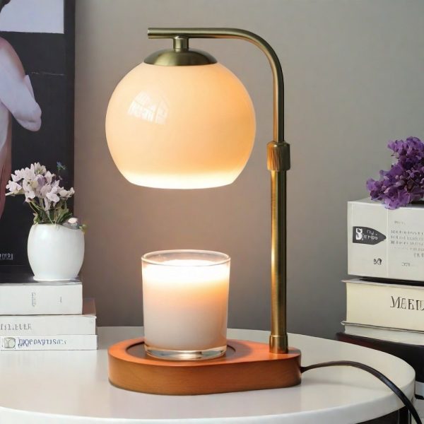 Vintage Retractable Electric Table Candle Heat Lamp with Wooden Base and Timer