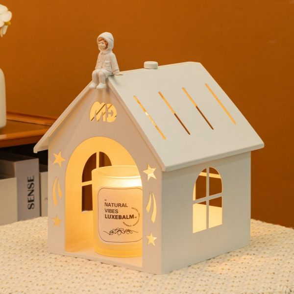 White Carved House Cordless Metal Electric Candle Warmer Light with Preset Timer