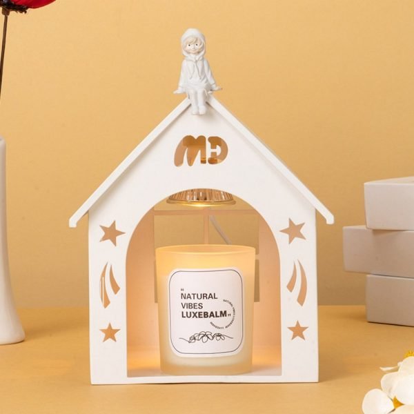 White Carved House Cordless Metal Electric Candle Warmer Light with Preset Timer