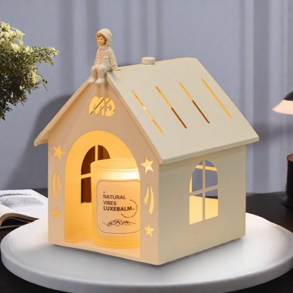 White Carved House Cordless Metal Electric Candle Warmer Light with Preset Timer