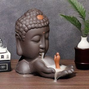 Japanese Style Zen Buddha Head and Hand Ceramic Waterfall Incense Burner Backflow