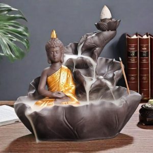 Zen Buddha with Lotus Purple Clay Cascading Waterfall Incense Fountain Burner