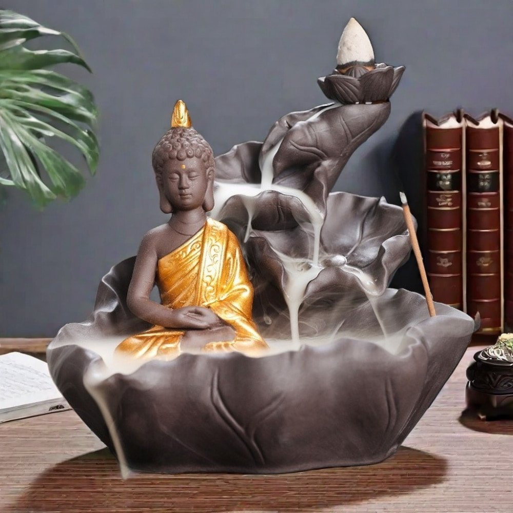Zen Buddha with Lotus Purple Clay Cascading Waterfall Incense Fountain Burner Zen Buddha with Lotus Purple Clay Cascading Waterfall Incense Fountain Burner