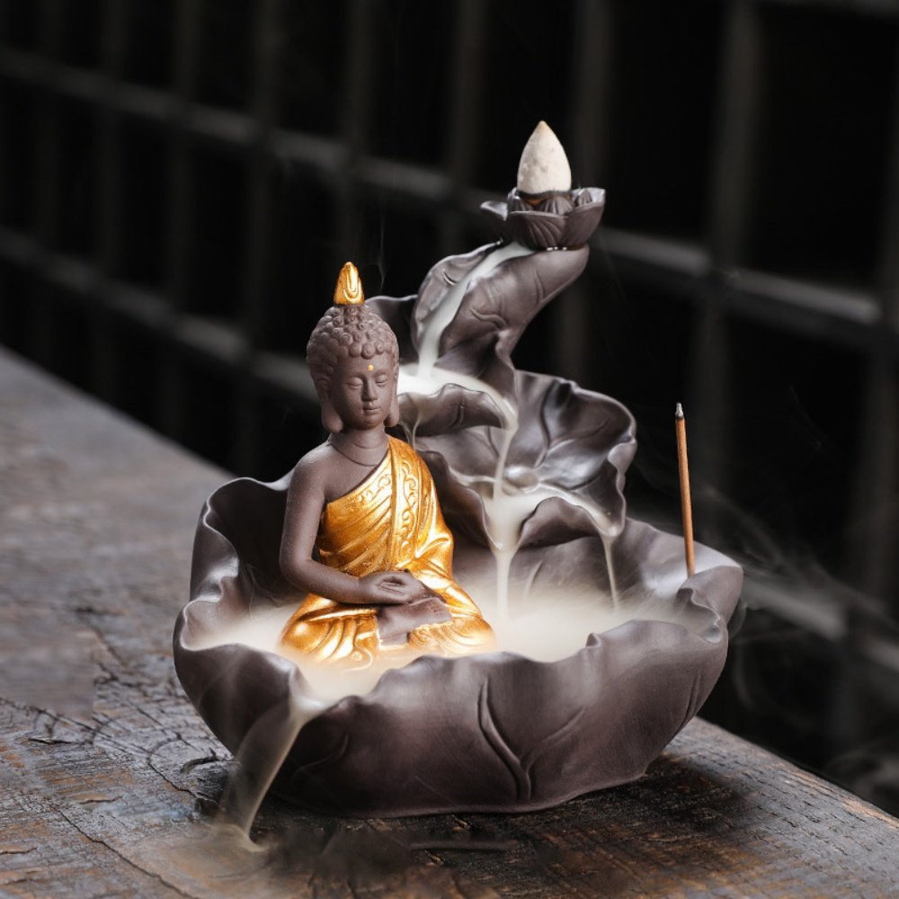 Zen Buddha with Lotus Purple Clay Cascading Waterfall Incense Fountain Burner Zen Buddha with Lotus Purple Clay Cascading Waterfall Incense Fountain Burner