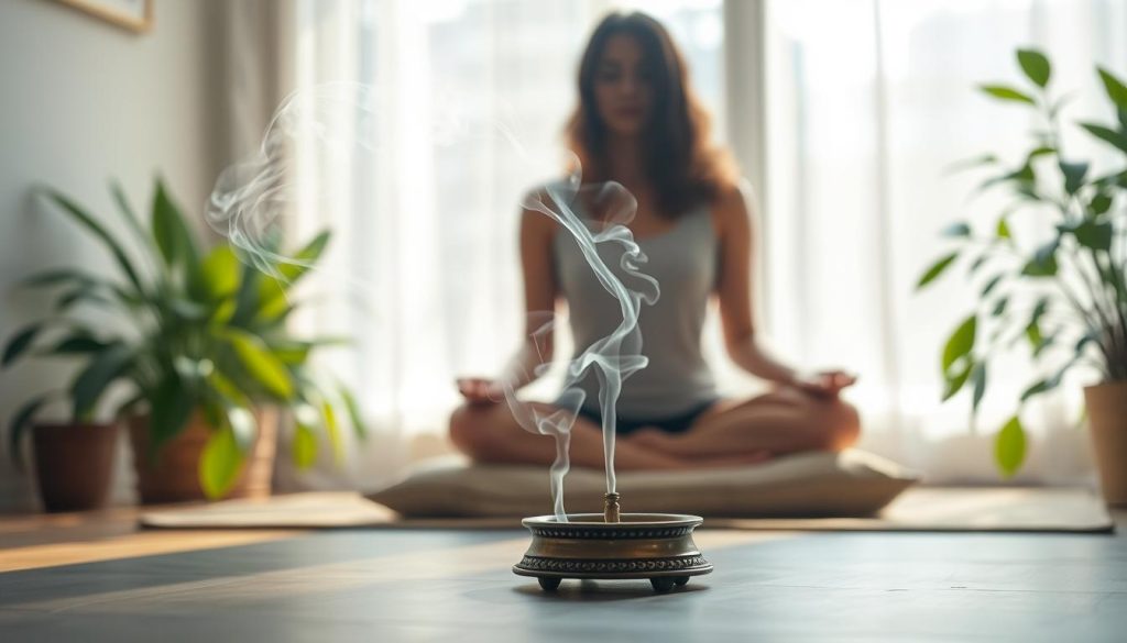 burning white sage incense for yoga and meditation